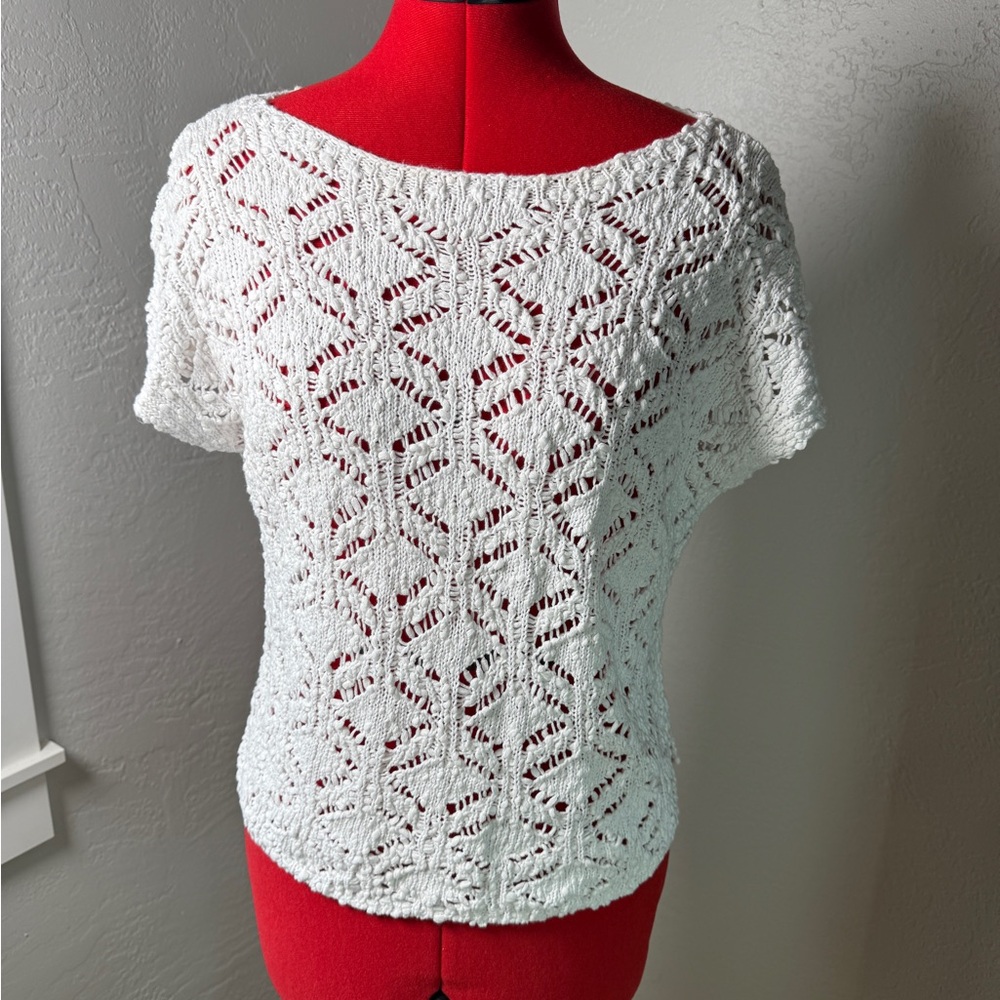 Pure Jill White Cotton Crochet Knit Short Sleeve Sweater Top Women’s Size XS